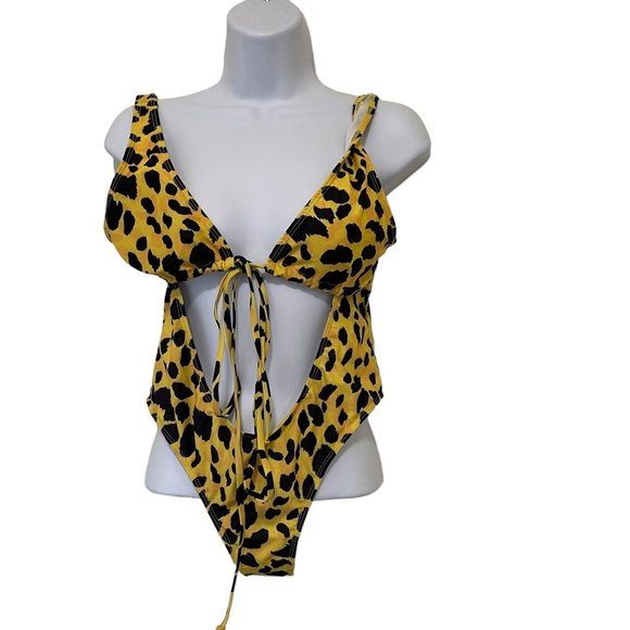 Womens Cut Out Wrap Around One-piece Swimsuit Yellow Black Leopard Size Medium - Picture 1 of 10
